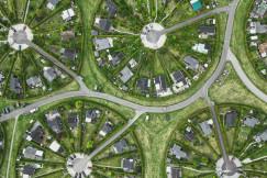 This picture is an aerial, top-down view of a residential neighbourhood with a very distinctive geometric layout.