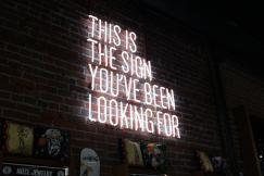An illustrative photo of a vibrant neon sign that reads, “This is the sign you’ve been looking for,” glowing brightly against a dark background