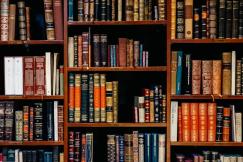 An illustrative photo of a variety of books on wooden shelves