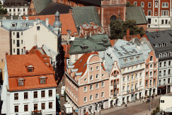 An illustrative photo of houses in the old town of Riga, Latvia.
