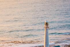 An illustrative photo of a tall white lighthouse, standing near the edge of a coastline