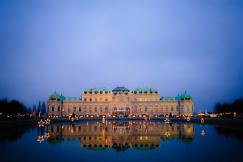 An illustrative photo of Belvedere palace in Vienna, Austria at night 