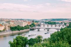 An illustrative photo of three white boats on river in Prague