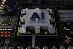 An illustrative photo of a computer chip with the letters “AI”  displayed in the center.