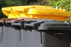 An illustrative photo of black and yellow garbage bins