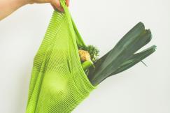 An illustrative photo of a person holding green leaf vegetable in a light green bag