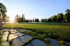 An illustrative picture of a sunset over a meadow near a house