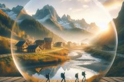The image depicts a serene mountain village, nestled within a valley surrounded by towering, snow-capped peaks.