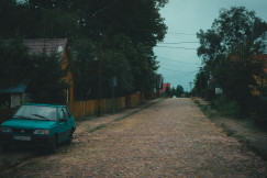 An illustrative photo of a green car parked beside brown wooden fence during daytime