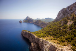 An illustrative photo of green trees on gray rock mountain beside body of water