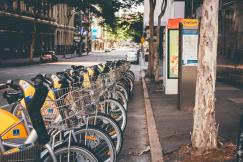 An illustrative photo of an assorted commuter bicycle park.