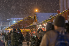 An illustrative photo of a crowd of people walking on a snowy street.