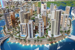 An illustrative photo of a 3D model of a modern city