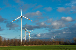 An illustrative photo of white wind turbines on green grass field under blue sky