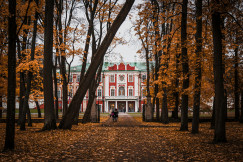 An illustrative photo of a red and white building near trees during autumn