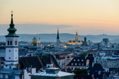 An illustrative photo of view of a city during sunset.