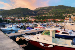 An illustrative photo of many boats with houses on a hill in the background