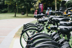 An illustrative photo of a row of green bikes parked next to each other.