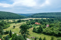 An illustrative photo of houses between green trees in the mountains