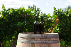 An illustrative photo of two bottles of wine on the top of the brown wooden barrel.
