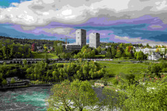 An illustrative photo of a river running through a green forest with high-rise buildings in the background.