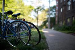 An illustrative photo of two bicycles parked near a pathway.