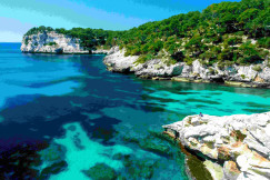 An illustrative photo of a green island near a blue body of water.