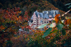 An illustrative photo of a concrete house surrounded by trees with red leaves.