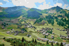 An illustrative photo of a landscape with houses and trees.