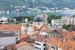 An illustrative photo of houses with orange roofs near a lake.