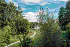 An illustrative photo of a path through a lush green forest next to a house.