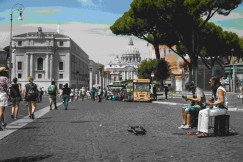 An illustrative photo of people walking on sidewalk near a building during daytime.