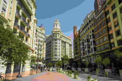 An illustrative photo of a street with high-rise buildings.
