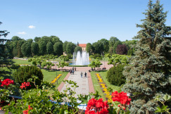 An illustrative photo of people walking in a green park with a fountain.