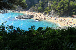 An illustrative photo of people on a beach near mountains.
