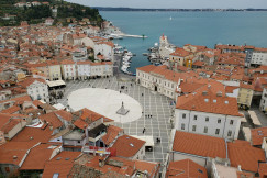An illustrative photo of city buildings on a coast near a body of water.