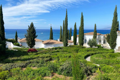 An illustrative photo of white houses on a green coast near a sea.