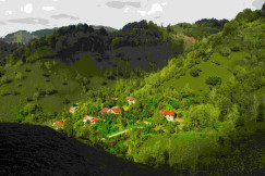 An illustrative photo of houses on a green hillside.