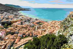 An illustrative photo of city buildings on a coast near an ocean.
