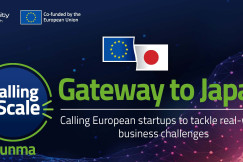 Promotional banner for “Calling2Scale – Gateway to Japan,” featuring EU and Japan flags and a call for European startups to address real-world business challenges in Gunma.