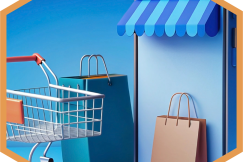 A photo presenting a smartphone with a small storefront display next to shopping bags and a cart, illustrating online shopping.