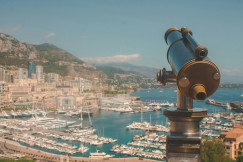 View of a telescope directed at the city panorama