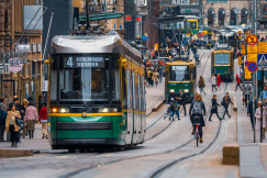 Street view with trams and people