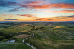 Road between green grass field in Italy