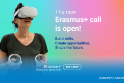 Person using a VR headset next to an Erasmus+ call announcement.