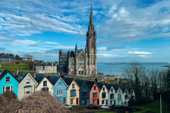Small town with old cathedral overlooking a bay