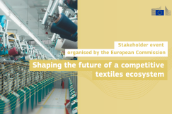 Textile machines with an EU event announcement on the future of the textiles ecosystem.