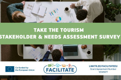 A poster with the survey title and a picture of people at the table in the background