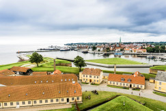 Aerial view of a city by a seaside