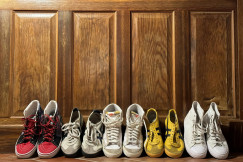 Sneakers on display inside a house.  